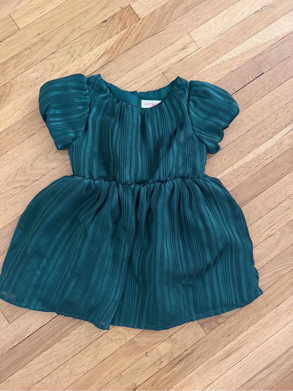 Cat & Jack Teal Striped Puff-Sleeve Dress